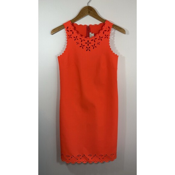 J. Crew Shift Dress 00 Orange Neon Scalloped Laser Cut - Picture 2 of 13